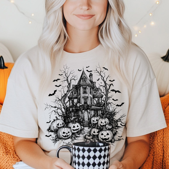 Haunted House With Pumpkins BLACK DTF Heat Transfer