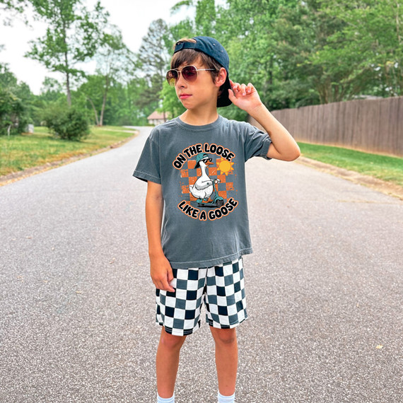 On The Loose Like A Goose DTF Heat Transfer, a graphic design featuring a goose riding a scooter with the text "On The Loose Like A Goose" on a young boy's t-shirt.