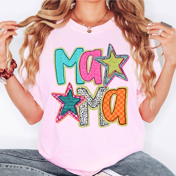 Mama Starstruck Patterned DTF Heat Transfer, colorful star and letter design on a pink T-shirt.