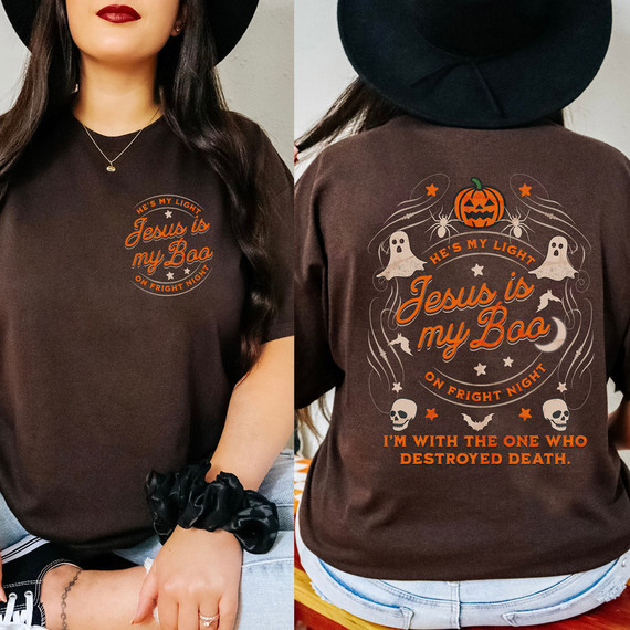 Jesus Is My Boo SET DTF Heat Transfer, Halloween-themed T-shirt with spooky graphics and text.