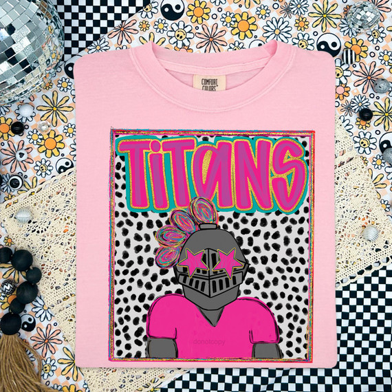 Titans Colorful Mascot DTF Heat Transfer, vibrant illustration of a robot mascot with star-shaped sunglasses and colorful hair on a pink T-shirt, surrounded by decorative elements.