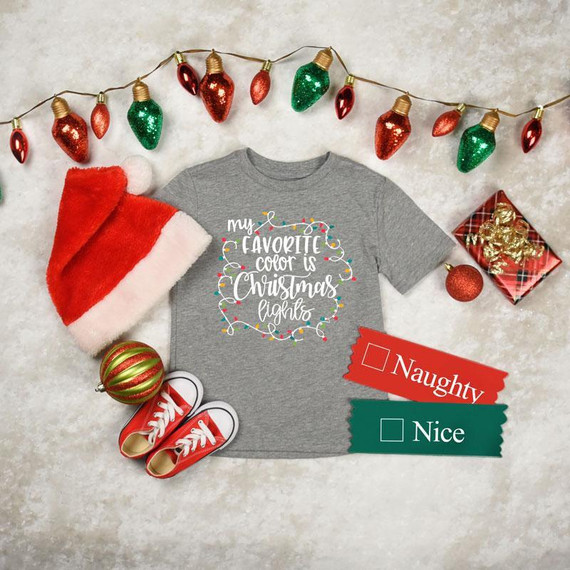 My Favorite Color Is Christmas Lights Youth Screen Print Transfer, Christmas-themed Christmas lights, Santa hat, red sneakers, Christmas ornament, gift box, and naughty/nice checkboxes for holiday apparel.