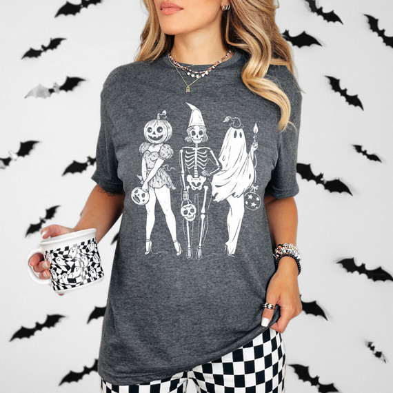 White Halloween Distressed Characters DTF Heat Transfer, featuring a graphic of three spooky skeleton and ghost characters on a dark t-shirt.