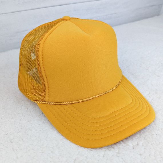 Gold Foam Trucker Hat, stylish yellow trucker cap with foam front and mesh back.