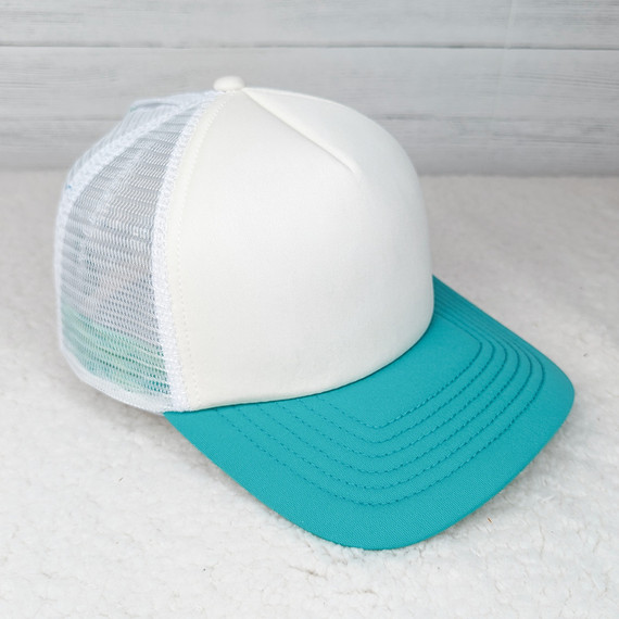 Ivory Jade Swirl Foam Trucker Hat, front view of a stylish white and turquoise mesh trucker cap with foam front panel and curved brim.