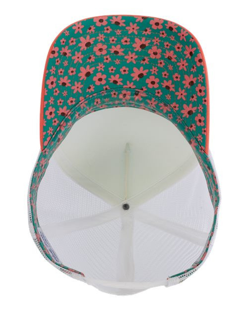 Ivory Sherbert Floral Foam Trucker Hat, top view showing a floral pattern with pink flowers on a teal background and a mesh back.