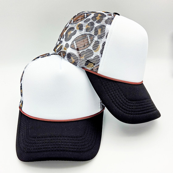 Leopard Football Foam Trucker Hat, stylish white and black mesh cap with leopard print detail on the front panel and curved black brim.
