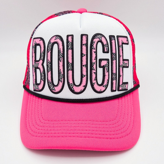 BOUGIE Stitched Leather HAT/POCKET Patch, pink baseball cap with embroidered patch and stitched leather accents.