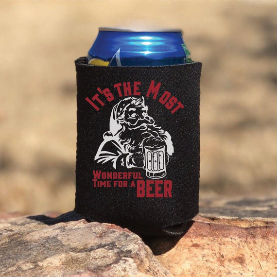 It's The Most Wonderful Time For a Beer HAT/CAN HUGGER Screen Print Heat Transfer, close-up of a black fabric can hugger with a humorous design of Santa holding a beer mug.