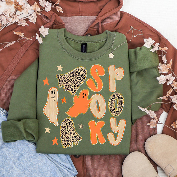 Spooky Leopard Ghosts DTF Heat Transfer, Halloween themed green sweatshirt with leopard print ghosts and orange lettering.