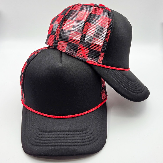 Black & Red Checkered Foam Trucker Hat, stylish trucker cap featuring a plaid pattern with red, black, and white colors and mesh back design.