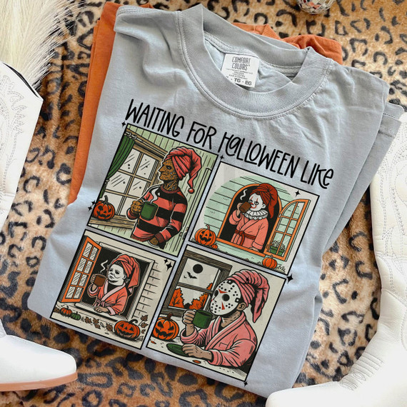 Waiting For Halloween Characters DTF Heat Transfer, illustrated Halloween characters dressed in costumes enjoying coffee with pumpkins, set on a T-shirt.