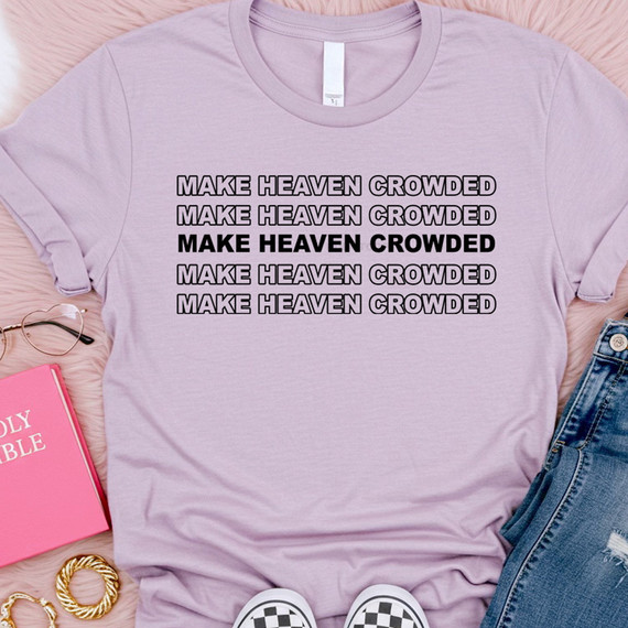 Make Heaven Crowded Stacked BLACK DTF Heat Transfer - Purple T-shirt with repeated text design.
