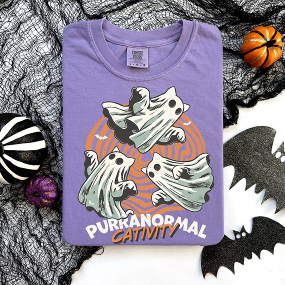Purranormal Cativity DTF Heat Transfer, Halloween-themed t-shirt with ghost illustrations and spooky design elements.