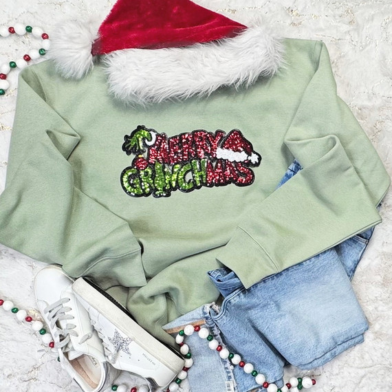 Merry Gmas Sequin Patch – Red & Green with Santa Hat, festive holiday clothing and accessories.