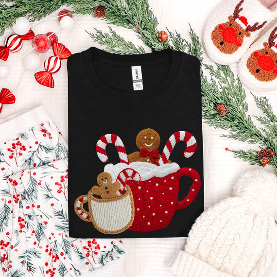 Faux Yarn Hot Cocoa DTF Heat Transfer, Christmas-themed embroidered sweatshirt with gingerbread, candy canes, and mug designs.