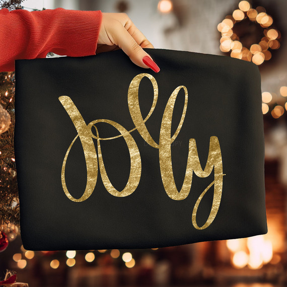 Jolly Faux Gold Metallic DTF Heat Transfer, gold glitter text on black fabric.