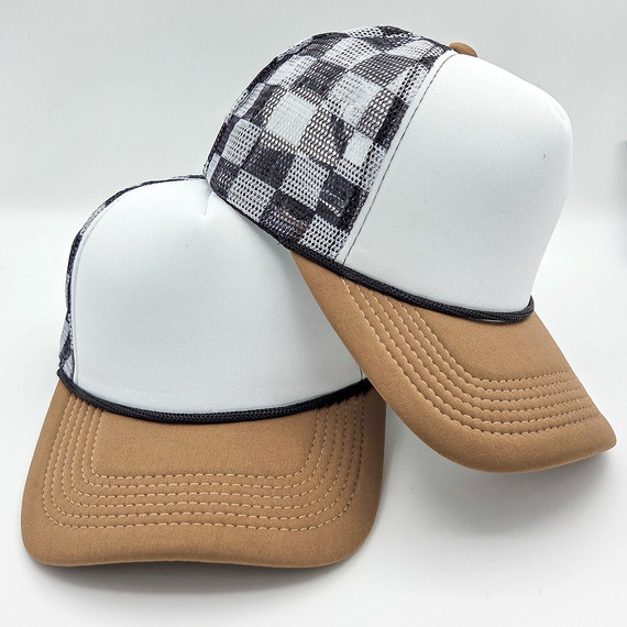 Black & White Checkered Foam Trucker Hat with Brown Bill, stylish trucker cap featuring a checkered pattern on the front panel and a curved brown bill, perfect for casual and outdoor wear.