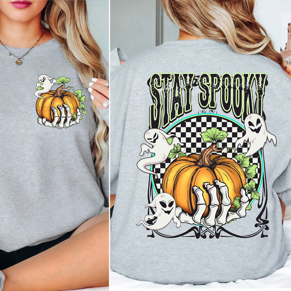 Stay Spooky Skeleton Hand SET DTF Heat Transfer, Halloween-themed ghost and skeleton hand design on a gray sweatshirt.