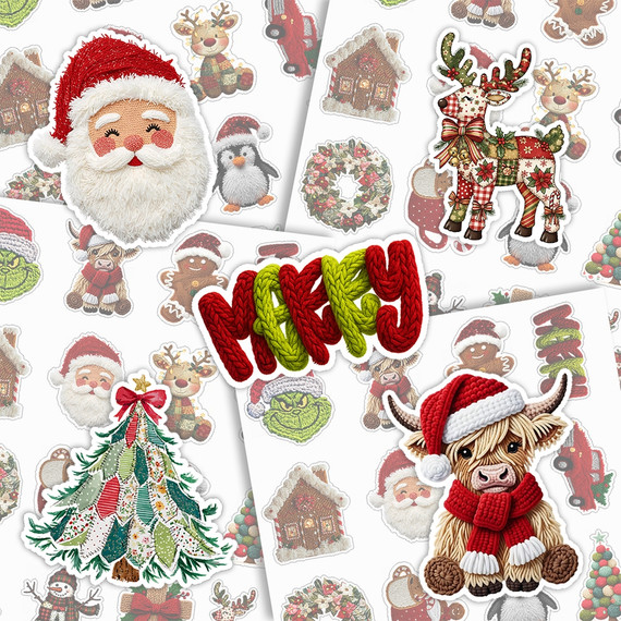 Hand Crafted Christmas Variety Pack Sticker Sheet, festive Christmas stickers including Santa, reindeer, Christmas tree, gingerbread, and holiday motifs for decoration or crafting.