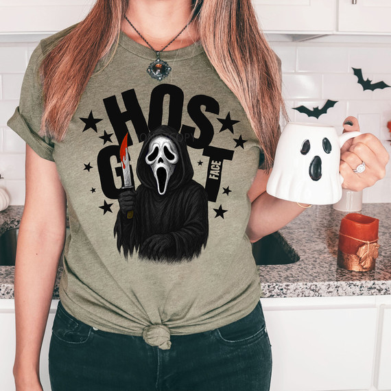 Ghost Mask Stars BLACK DTF Heat Transfer, spooky ghost mask design on a t-shirt with black stars and horror theme.