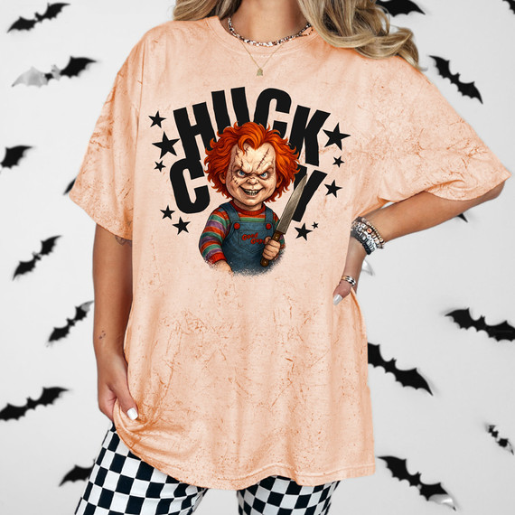 Red Hair Horror Doll BLACK DTF Heat Transfer, featuring a spooky character with red hair and a nightmarish expression on a Halloween-themed T-shirt.
