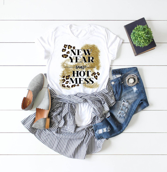 New Year Same Hot Mess glitter effect leopard sublimation transfer, displayed on a white T-shirt with leopard print accents and gold glitter details.