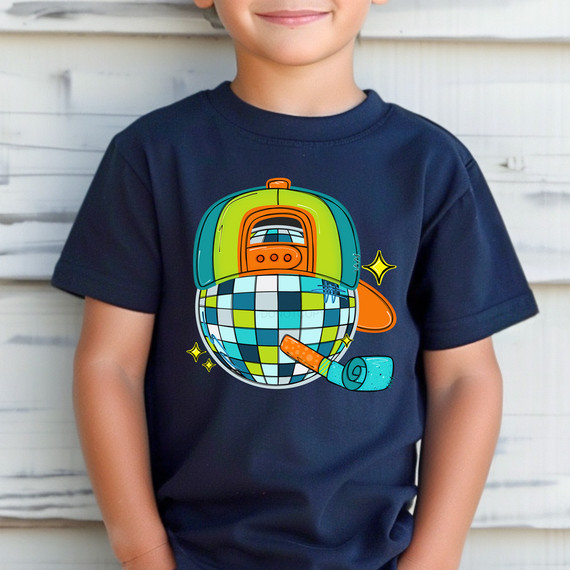 Cool Snapback Disco Ball DTF Heat Transfer, colorful graphic design of a disco ball wearing a snapback hat, with a smoking pipe and sparkles on a child's navy T-shirt.