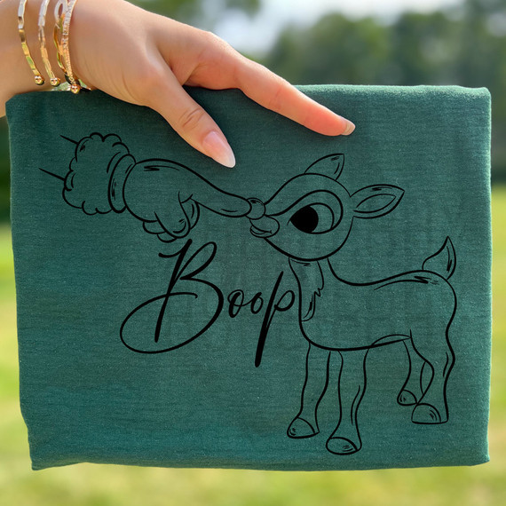 Boop Rudolph BLACK DTF Heat Transfer, black outline illustration of a cute reindeer with the word 'Boop' written in cursive.
