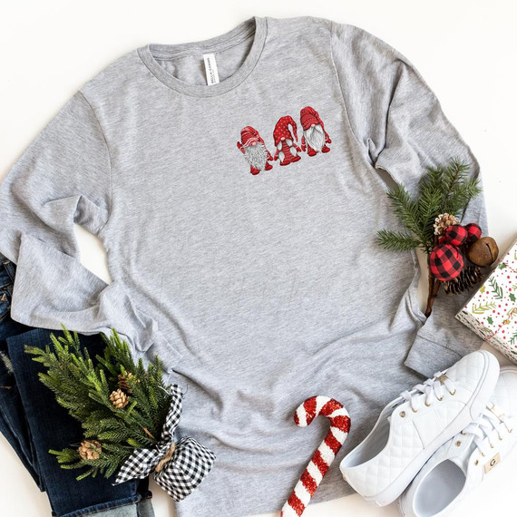 Winter Gnomes Pocket Screen Print Heat Transfer, festive holiday sweatshirt with three gnome designs on the front.