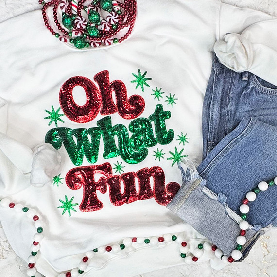 Oh What Fun Sequin Patch with Glitter Stars, festive holiday themed children's clothing featuring colorful kawaii style glittery lettering and star accents.