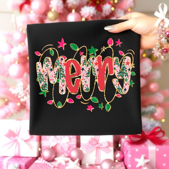 Merry Lights DTF Heat Transfer, holiday-themed Christmas applique featuring colorful lights and decorative elements on a black fabric background.