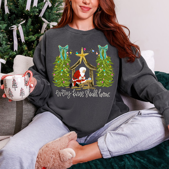 Every Knee Shall Bow Santa With Baby Jesus DTF Heat Transfer