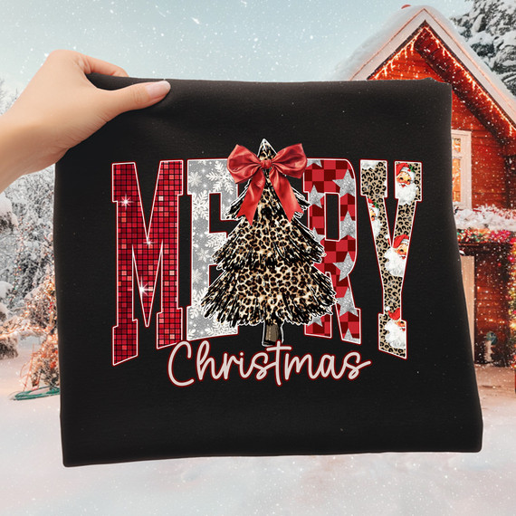 Merry Christmas Leopard Tree DTF Heat Transfer, Christmas themed leopard print design on a fabric with a Christmas tree and red bow