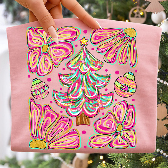 Boho Floral Christmas Tree DTF Heat Transfer, colorful Christmas tree and floral designs on pink fabric.