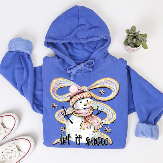 Let It Snow Snowman Pastel Bow DTF Heat Transfer, blue hoodie with a snowman design including pastel bows and snowflake accents.