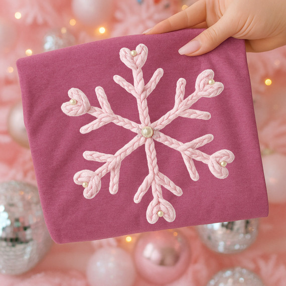 Faux Yarn Pink Snowflake DTF Heat Transfer, pink yarn snowflake embroidery on pink fabric gift box.