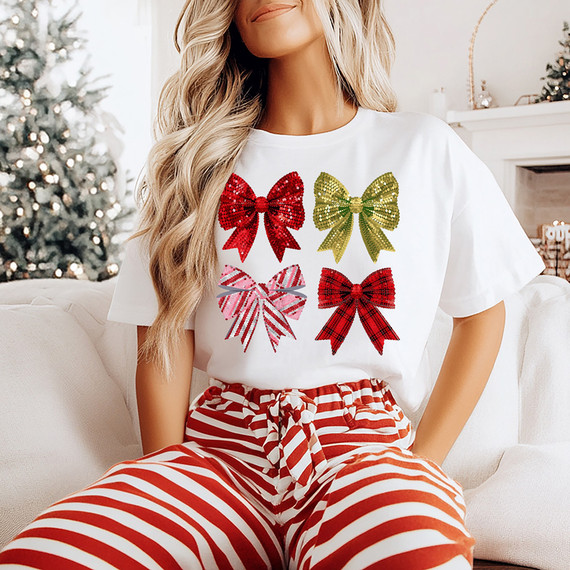 Faux Sequin Mixed Christmas Bows DTF Heat Transfer, colorful shiny sequin bows on a woman's white t-shirt for holiday decor.