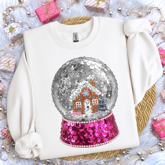 Faux Sequins Gingerbread Snowglobe DTF Heat Transfer