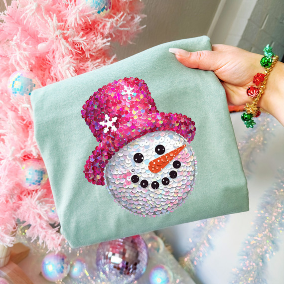 Faux Sequin Pink Snowman DTF Heat Transfer, pink snowman wearing a pink hat with sequins, holiday decoration.