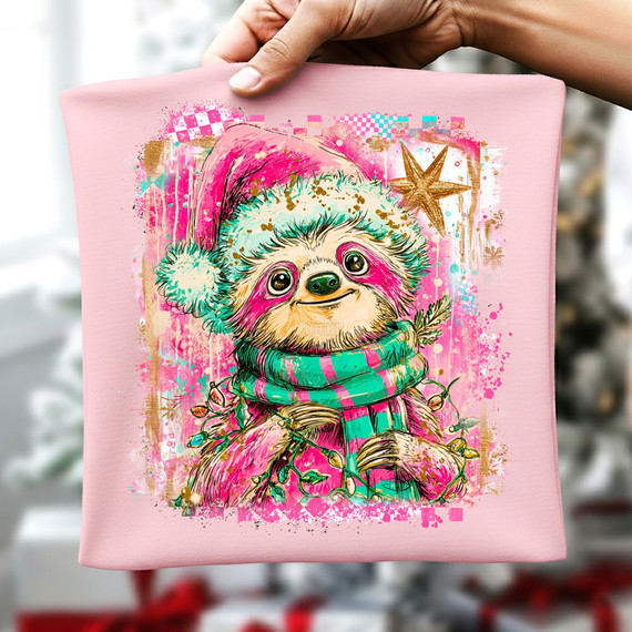 Preppy Winter Sloth DTF Heat Transfer, colorful illustration of a cute sloth wearing a Christmas hat and scarf with holiday decorations.