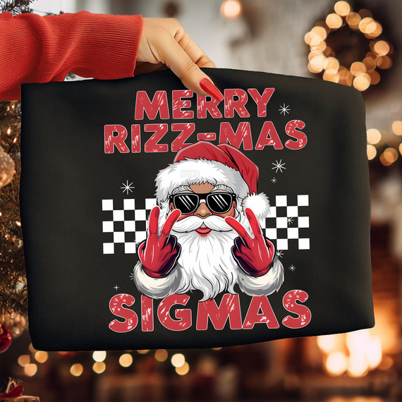 Merry Rizz-mas Sigmas DTF Heat Transfer, graphic design of Santa Claus wearing sunglasses and red gloves making a rebellious gesture, with festive text and holiday background.