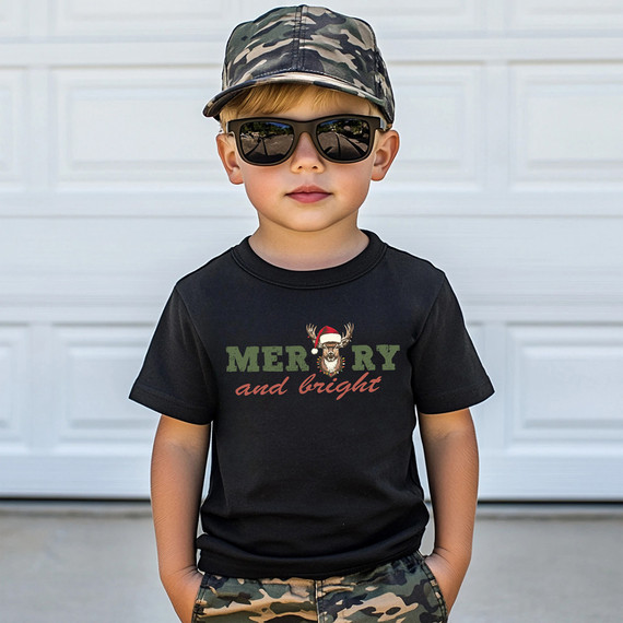 Merry And Bright Deer DTF Heat Transfer, Christmas-themed kid's t-shirt with a deer wearing a Santa hat and holiday font.