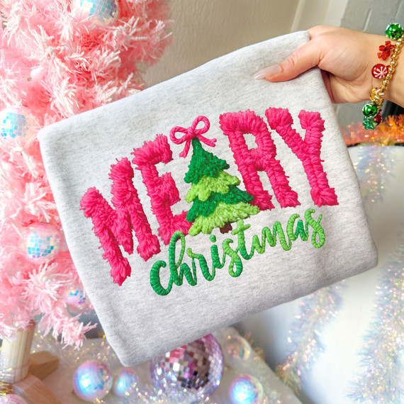Faux Fluffy Merry Christmas Tree DTF Heat Transfer, embroidered Christmas tree and festive text on gray fabric.