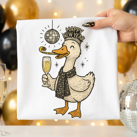 New Year Goose DTF Heat Transfer, festive holiday design featuring a cheerful goose wearing a 'Happy New Year' tiara and scarf, holding a champagne glass, with disco ball and celebratory sparkles.
