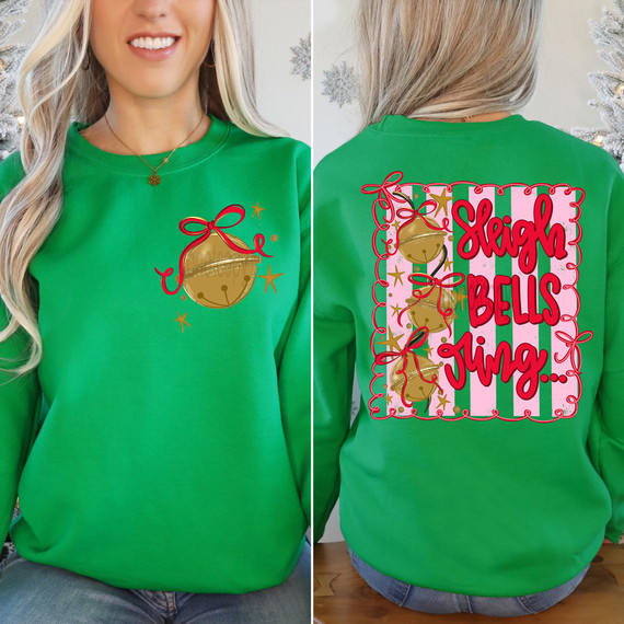Sleigh Bells Ring SET DTF Heat Transfer, showcasing a festive green sweatshirt with Christmas bell graphics on the front and a decorated back with the phrase "Sleigh Bells Jingle" in bold red letters, perfect for holiday celebrations.