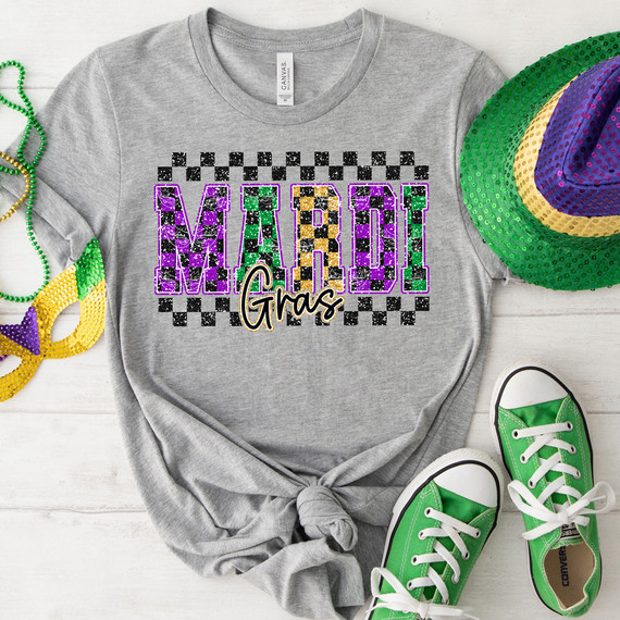 Distressed Checkered Mardi Gras DTF Heat Transfer