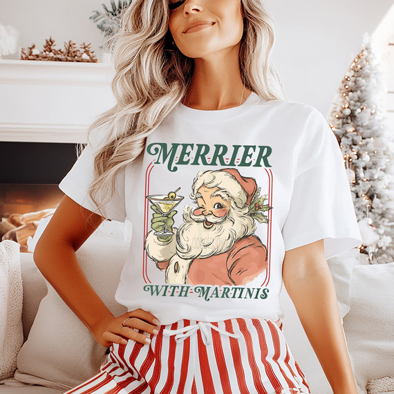 Merrier With Martinis Retro Santa DTF Heat Transfer, Christmas-themed graphic t-shirt featuring a vintage Santa Claus holding a martini glass.