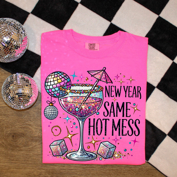 New Year Same Hot Mess Cocktail DTF Heat Transfer, pink T-shirt with a colorful glittery drink, disco balls, umbrella, and party elements design.