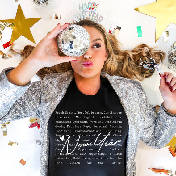 New Year Words WHITE DTF Heat Transfer, festive woman celebrating New Year with decorations, holding a disco ball and a party horn.